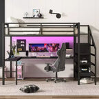 Lit mezzanine Queen avec bureau en L, armoire, port USB et LED, lit mezzanine en métal avec escalier de rangement et étagère réglable, noir