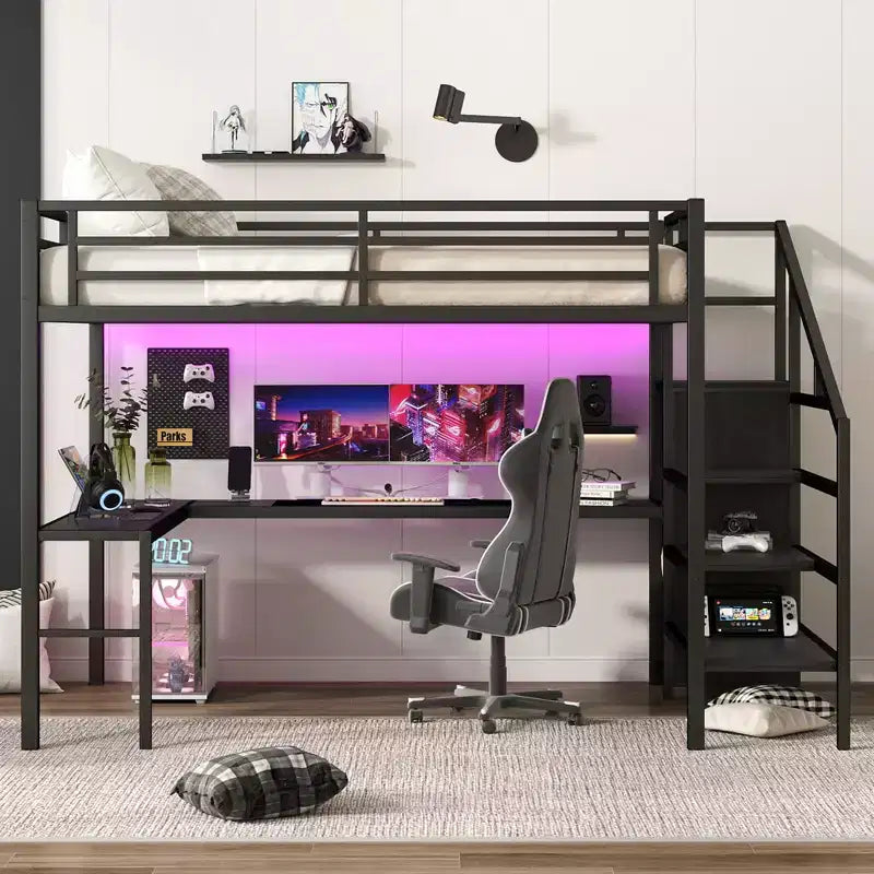 Queen Loft Bed with L-Shaped Desk, Wardrobe, USB Port & LED, Metal Loft Bed with Storage Stairs & Adjustable Shelf, Black
