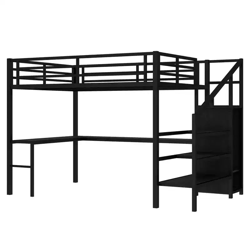 Queen Loft Bed with L-Shaped Desk, Wardrobe, USB Port & LED, Metal Loft Bed with Storage Stairs & Adjustable Shelf, Black