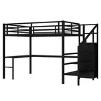 Lit mezzanine Queen avec bureau en L, armoire, port USB et LED, lit mezzanine en métal avec escalier de rangement et étagère réglable, noir