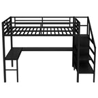 Lit mezzanine Queen avec bureau en L, armoire, port USB et LED, lit mezzanine en métal avec escalier de rangement et étagère réglable, noir