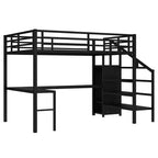 Lit mezzanine Queen avec bureau en L, armoire, port USB et LED, lit mezzanine en métal avec escalier de rangement et étagère réglable, noir