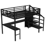 Lit mezzanine Queen avec bureau en L, armoire, port USB et LED, lit mezzanine en métal avec escalier de rangement et étagère réglable, noir