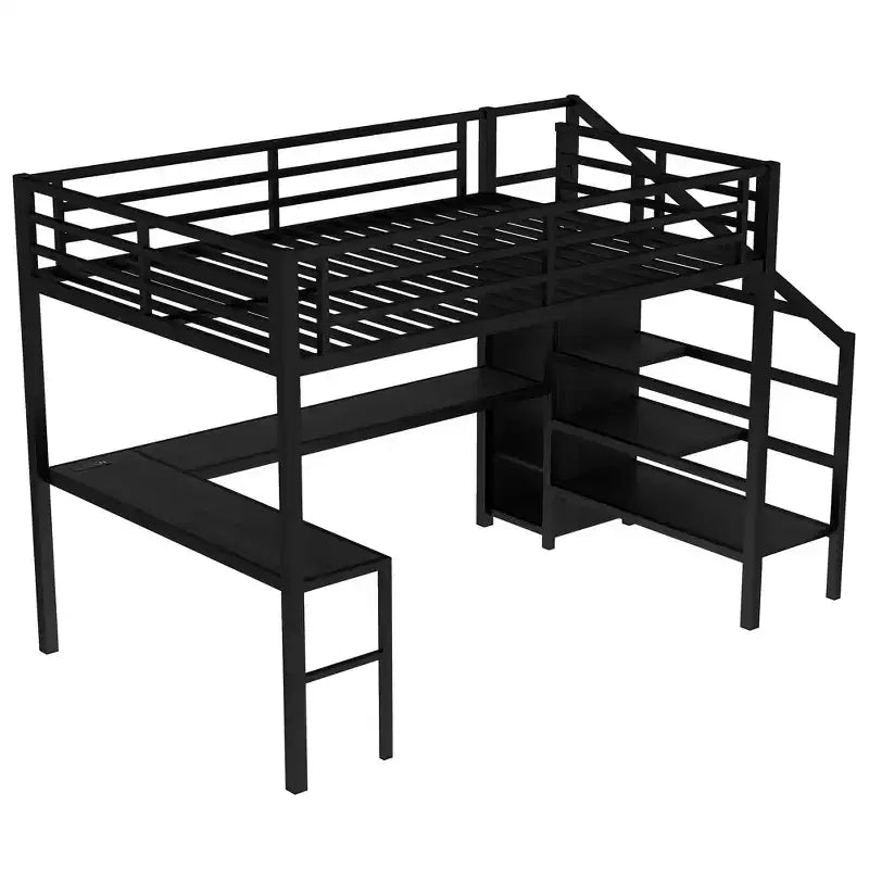 Queen Loft Bed with L-Shaped Desk, Wardrobe, USB Port & LED, Metal Loft Bed with Storage Stairs & Adjustable Shelf, Black