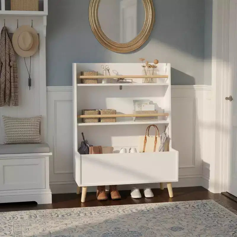 Kids' Bookshelf with Open shelves and Storage Bin, White Bookcase with Wooden Legs for Playroom or Bedroom