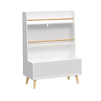 Étagère à livres pour enfants avec étagères ouvertes et bac de rangement, Bibliothèque blanche avec pieds en bois pour salle de jeux ou chambre d'enfant