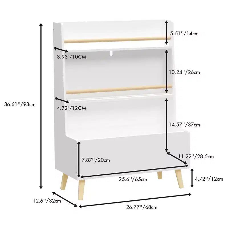 Kids' Bookshelf with Open shelves and Storage Bin, White Bookcase with Wooden Legs for Playroom or Bedroom