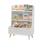 Étagère à livres pour enfants avec étagères ouvertes et bac de rangement, Bibliothèque blanche avec pieds en bois pour salle de jeux ou chambre d'enfant