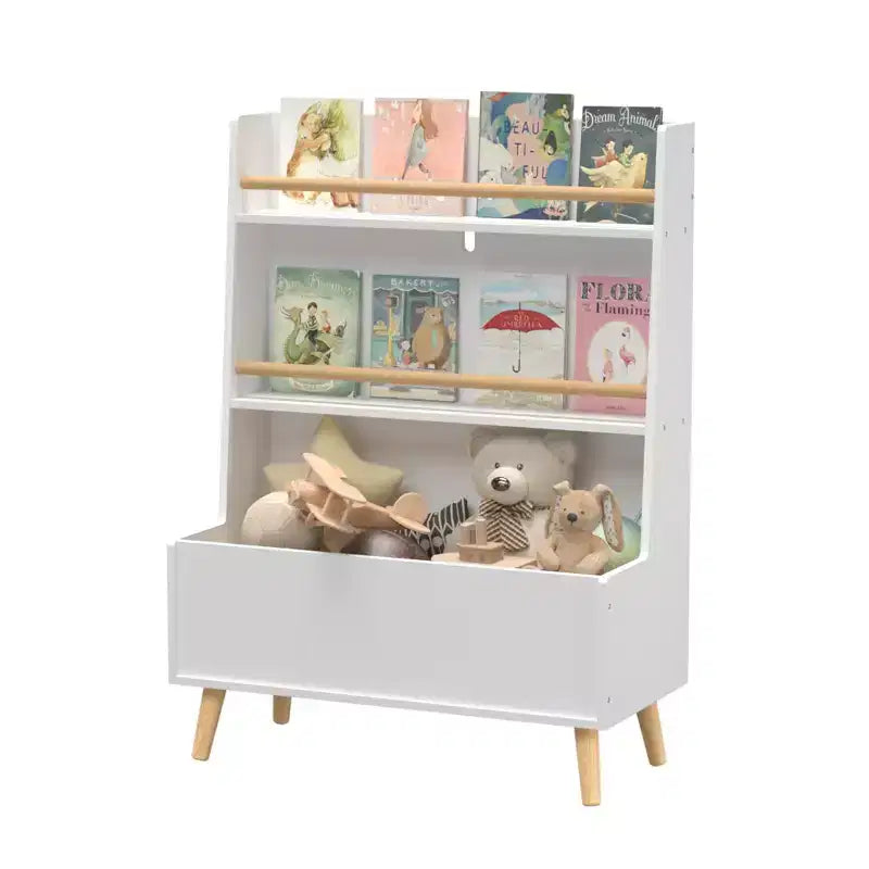 Kids' Bookshelf with Open shelves and Storage Bin, White Bookcase with Wooden Legs for Playroom or Bedroom