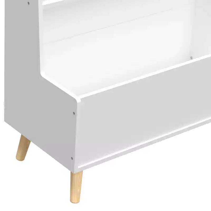 Kids' Bookshelf with Open shelves and Storage Bin, White Bookcase with Wooden Legs for Playroom or Bedroom