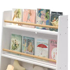 Étagère à livres pour enfants avec étagères ouvertes et bac de rangement, Bibliothèque blanche avec pieds en bois pour salle de jeux ou chambre d'enfant