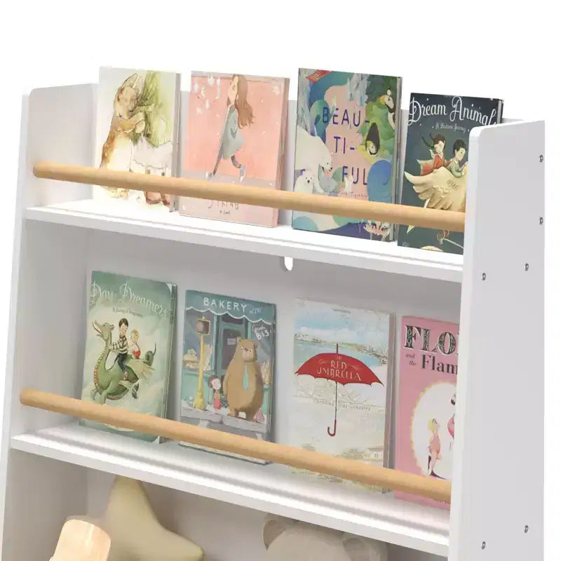 Kids' Bookshelf with Open shelves and Storage Bin, White Bookcase with Wooden Legs for Playroom or Bedroom