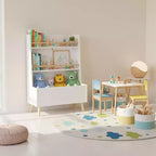 Étagère à livres pour enfants avec étagères ouvertes et bac de rangement, Bibliothèque blanche avec pieds en bois pour salle de jeux ou chambre d'enfant