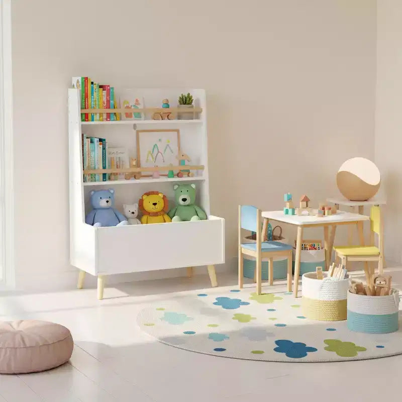 Kids' Bookshelf with Open shelves and Storage Bin, White Bookcase with Wooden Legs for Playroom or Bedroom