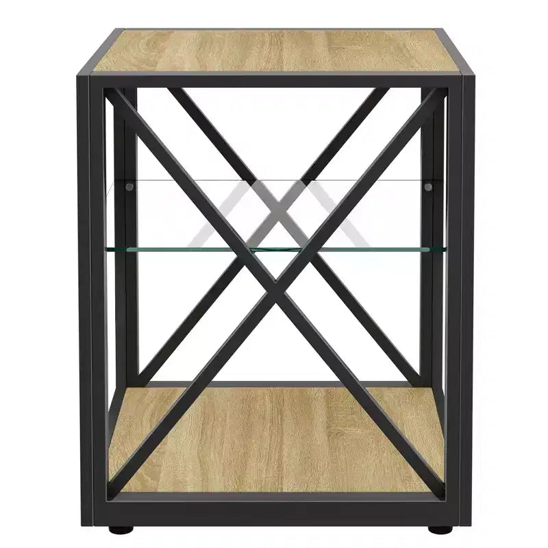 Modern End Table with Metal Frame, Industrial Side Table with Tempered Glass Shelf, Couch Table for Living Room, Bedroom