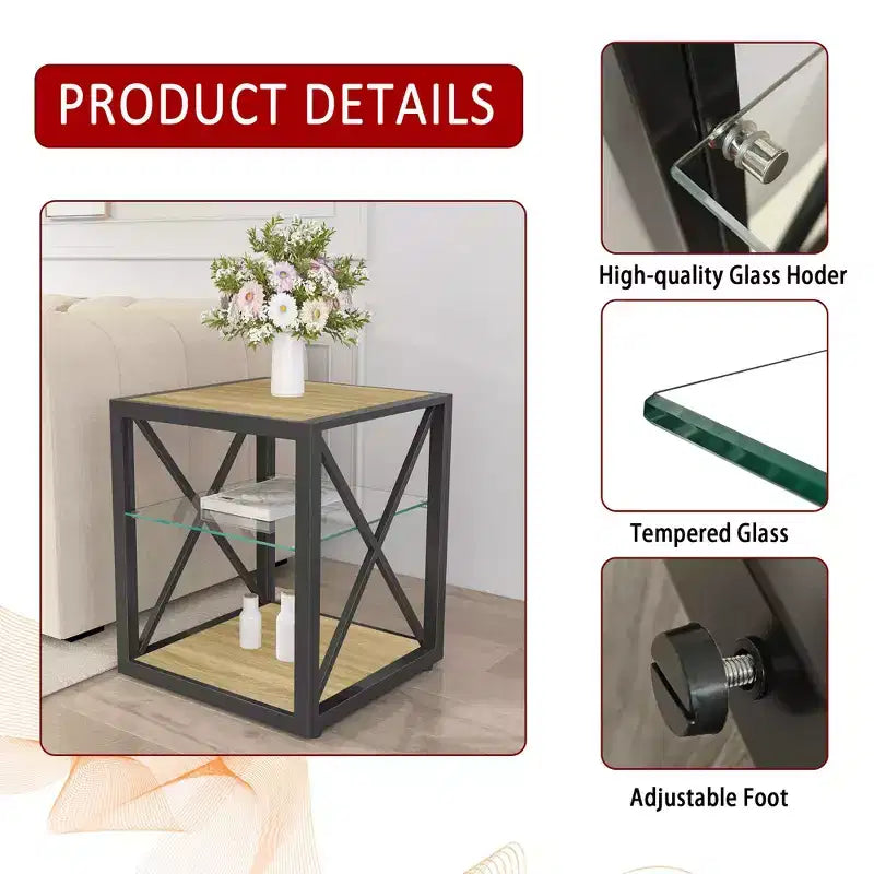 Modern End Table with Metal Frame, Industrial Side Table with Tempered Glass Shelf, Couch Table for Living Room, Bedroom