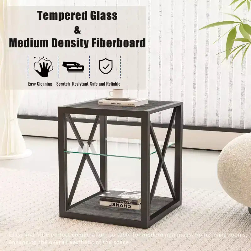 Modern End Table with Metal Frame, Industrial Side Table with Tempered Glass Shelf, Couch Table for Living Room, Bedroom