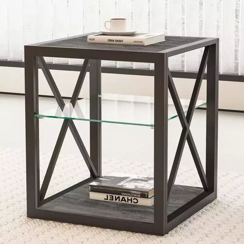 Modern End Table with Metal Frame, Industrial Side Table with Tempered Glass Shelf, Couch Table for Living Room, Bedroom