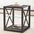Table d'appoint moderne avec structure en métal, table d'appoint industrielle avec étagère en verre trempé, table de canapé pour salon, chambre à coucher