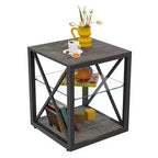 Table d'appoint moderne avec structure en métal, table d'appoint industrielle avec étagère en verre trempé, table de canapé pour salon, chambre à coucher