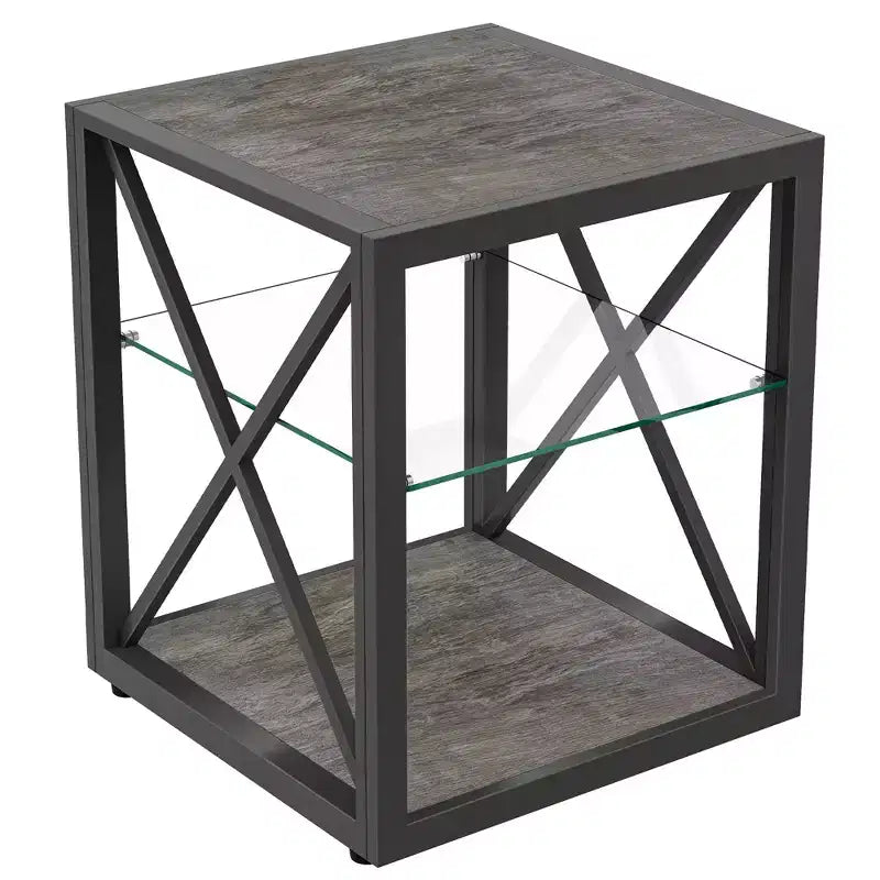 Modern End Table with Metal Frame, Industrial Side Table with Tempered Glass Shelf, Couch Table for Living Room, Bedroom