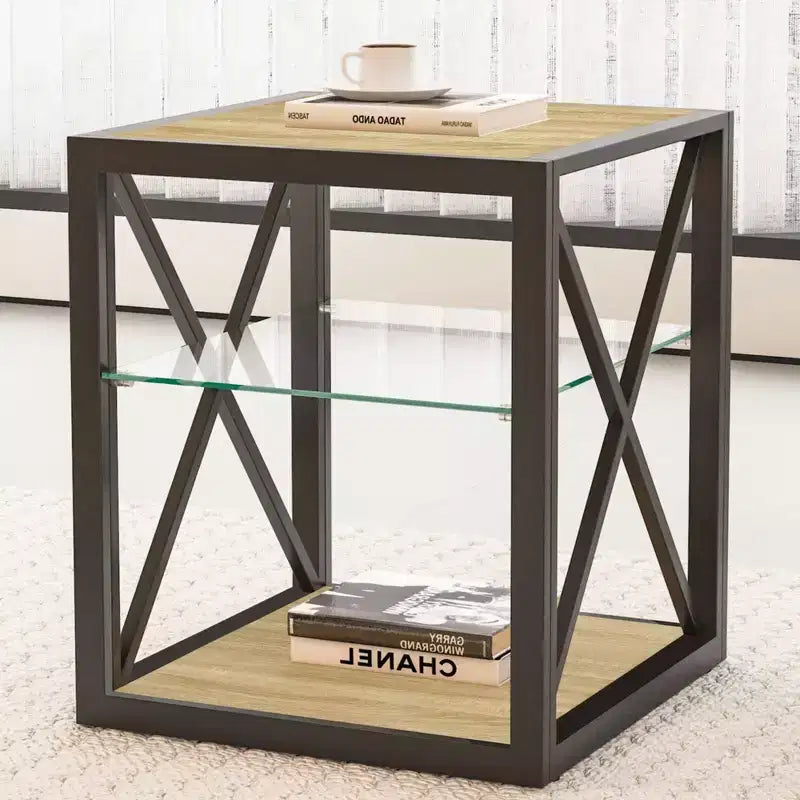 Modern End Table with Metal Frame, Industrial Side Table with Tempered Glass Shelf, Couch Table for Living Room, Bedroom