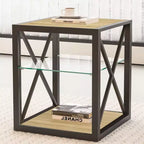 Table d'appoint moderne avec structure en métal, table d'appoint industrielle avec étagère en verre trempé, table de canapé pour salon, chambre à coucher