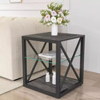 Table d'appoint moderne avec structure en métal, table d'appoint industrielle avec étagère en verre trempé, table de canapé pour salon, chambre à coucher
