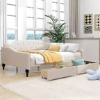 Full Size Upholstered Daybed with 2 Drawers, Linen Sofa Bed with Button Tufted Backrest for Bedroom Living Room Guest Room, Beige