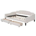 Lit de repos rembourré pleine grandeur avec 2 tiroirs, canapé-lit en lin avec dossier capitonné pour chambre à coucher, salon, chambre d'amis, beige