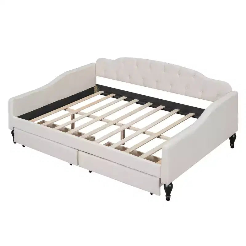 Full Size Upholstered Daybed with 2 Drawers, Linen Sofa Bed with Button Tufted Backrest for Bedroom Living Room Guest Room, Beige