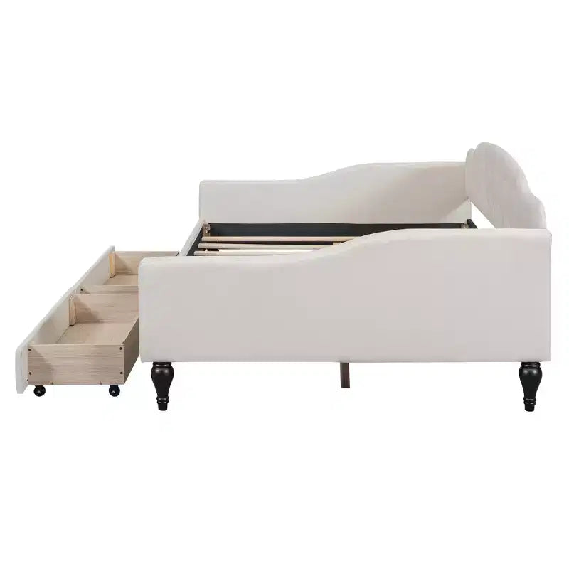 Full Size Upholstered Daybed with 2 Drawers, Linen Sofa Bed with Button Tufted Backrest for Bedroom Living Room Guest Room, Beige