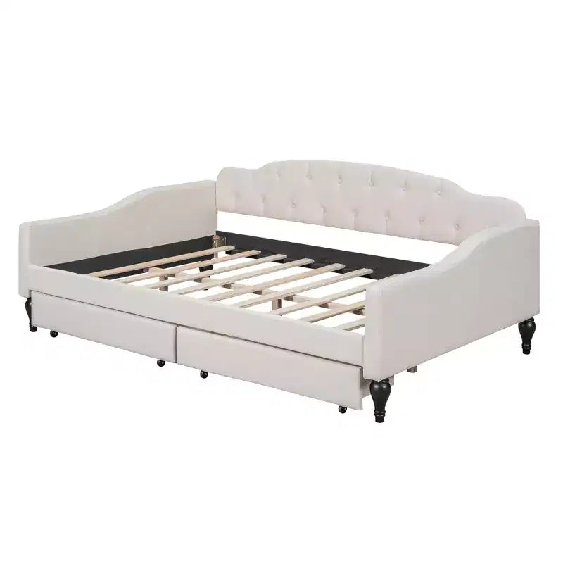Full Size Upholstered Daybed with 2 Drawers, Linen Sofa Bed with Button Tufted Backrest for Bedroom Living Room Guest Room, Beige