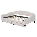 Lit de repos rembourré pleine grandeur avec 2 tiroirs, canapé-lit en lin avec dossier capitonné pour chambre à coucher, salon, chambre d'amis, beige