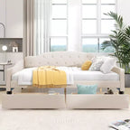 Lit de repos rembourré pleine grandeur avec 2 tiroirs, canapé-lit en lin avec dossier capitonné pour chambre à coucher, salon, chambre d'amis, beige