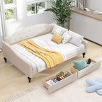 Lit de repos rembourré pleine grandeur avec 2 tiroirs, canapé-lit en lin avec dossier capitonné pour chambre à coucher, salon, chambre d'amis, beige