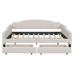 Lit de repos rembourré pleine grandeur avec 2 tiroirs, canapé-lit en lin avec dossier capitonné pour chambre à coucher, salon, chambre d'amis, beige