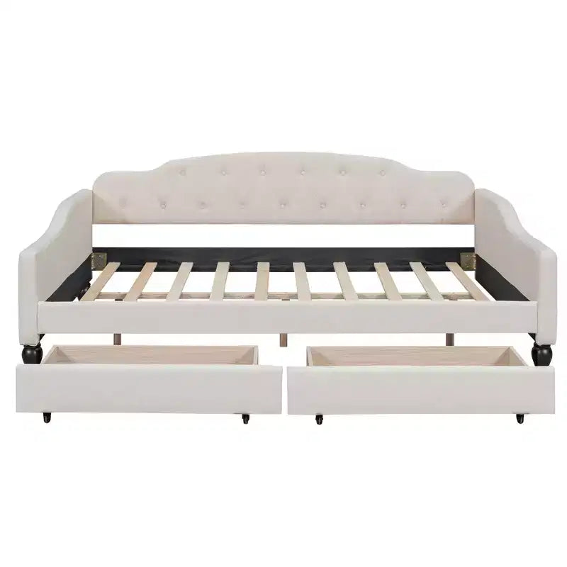Full Size Upholstered Daybed with 2 Drawers, Linen Sofa Bed with Button Tufted Backrest for Bedroom Living Room Guest Room, Beige