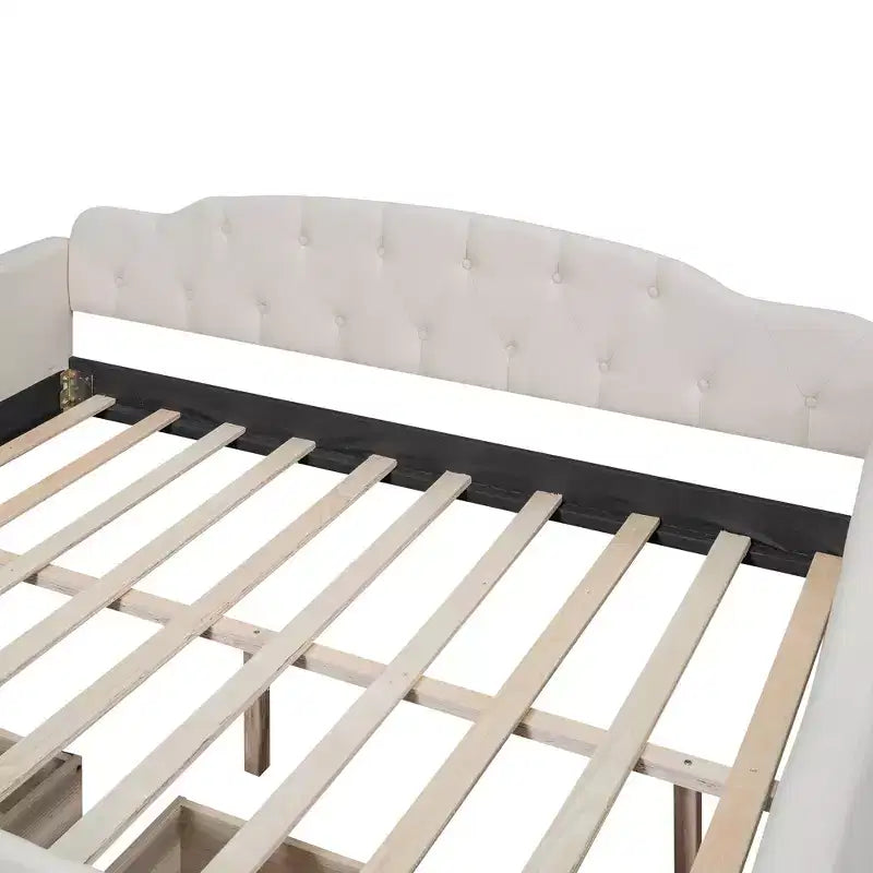 Full Size Upholstered Daybed with 2 Drawers, Linen Sofa Bed with Button Tufted Backrest for Bedroom Living Room Guest Room, Beige