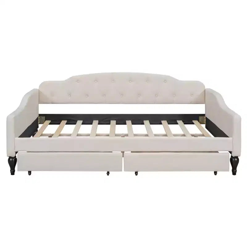 Full Size Upholstered Daybed with 2 Drawers, Linen Sofa Bed with Button Tufted Backrest for Bedroom Living Room Guest Room, Beige