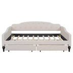 Lit de repos rembourré pleine grandeur avec 2 tiroirs, canapé-lit en lin avec dossier capitonné pour chambre à coucher, salon, chambre d'amis, beige