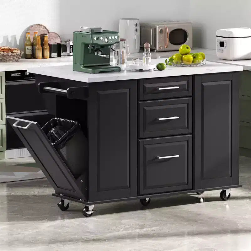 Modrn Kitchen Island with Drop Leaf & Pull Out Trash,Rolling Kitchen Cart with Wheels & Drawers,Storage Cabinet Folding Dining Table