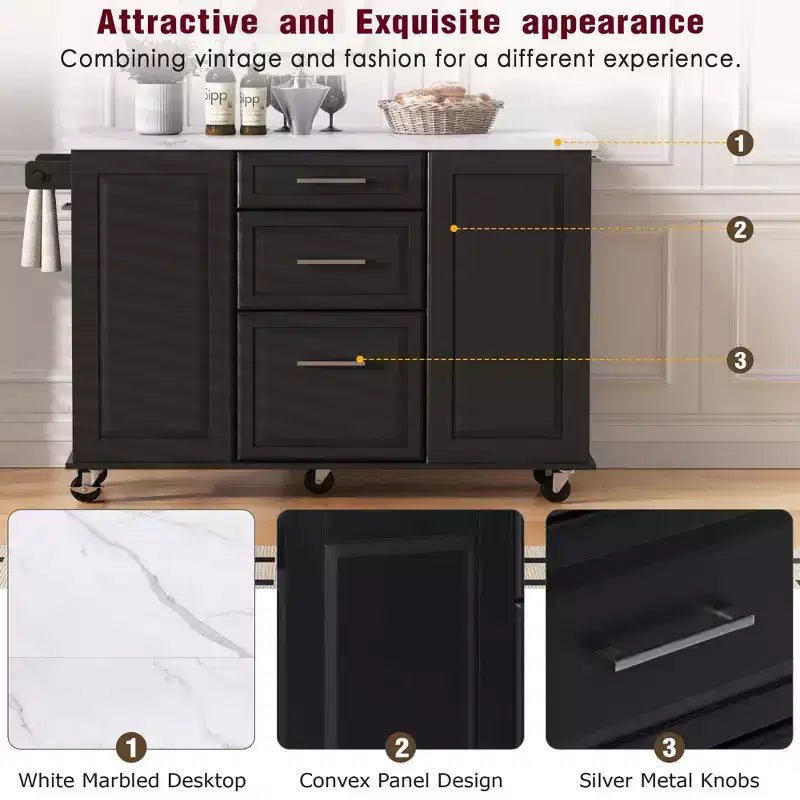 Modrn Kitchen Island with Drop Leaf & Pull Out Trash,Rolling Kitchen Cart with Wheels & Drawers,Storage Cabinet Folding Dining Table