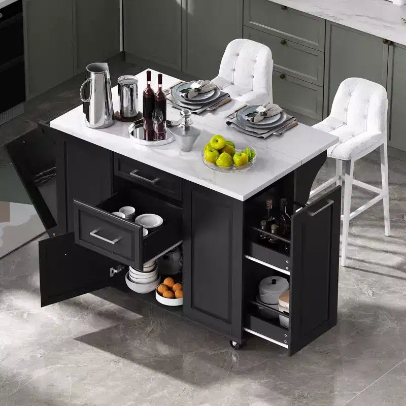 Modrn Kitchen Island with Drop Leaf & Pull Out Trash,Rolling Kitchen Cart with Wheels & Drawers,Storage Cabinet Folding Dining Table