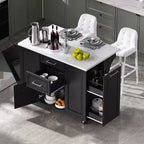 Îlot de cuisine moderne avec abattant et poubelle coulissante, desserte de cuisine roulante avec roues et tiroirs, armoire de rangement, table à manger pliante