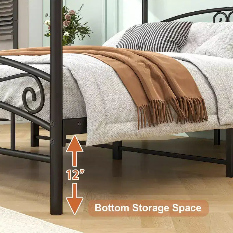 Canopy Metal Bed Frame with Vintage Headboard and 12.4 Under-Bed Storage