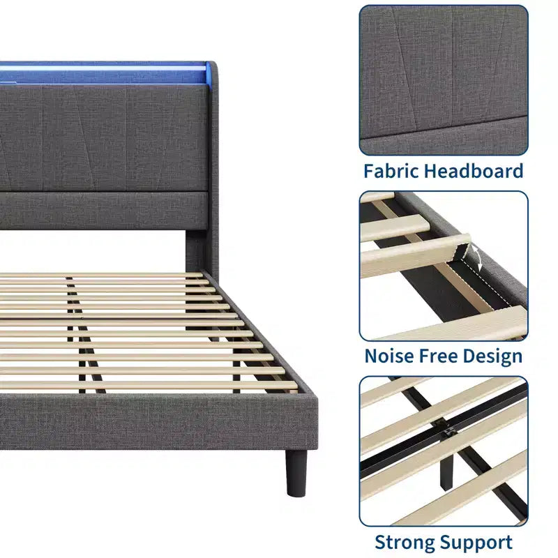 Bed Frame, Fabric Upholstered Platform Bed Frame with Headboard, Wooden Slats Support, No Box Spring Needed, Noise Free, Easy Assembly