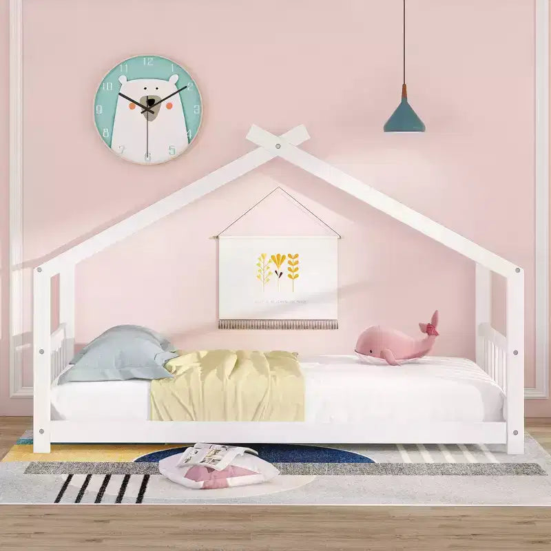 Twin/Full Kids Floor House Bed, Wood Montessori House Bed Frame with Fence, Playhouse Tent Bed with Roof
