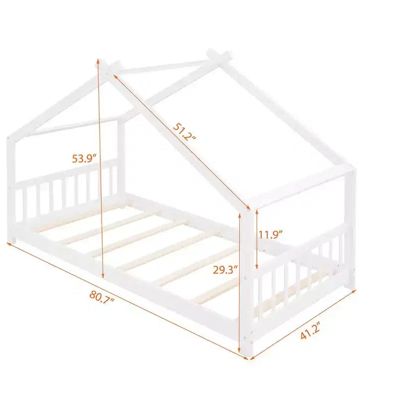 Twin/Full Kids Floor House Bed, Wood Montessori House Bed Frame with Fence, Playhouse Tent Bed with Roof
