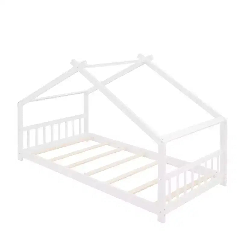 Twin/Full Kids Floor House Bed, Wood Montessori House Bed Frame with Fence, Playhouse Tent Bed with Roof